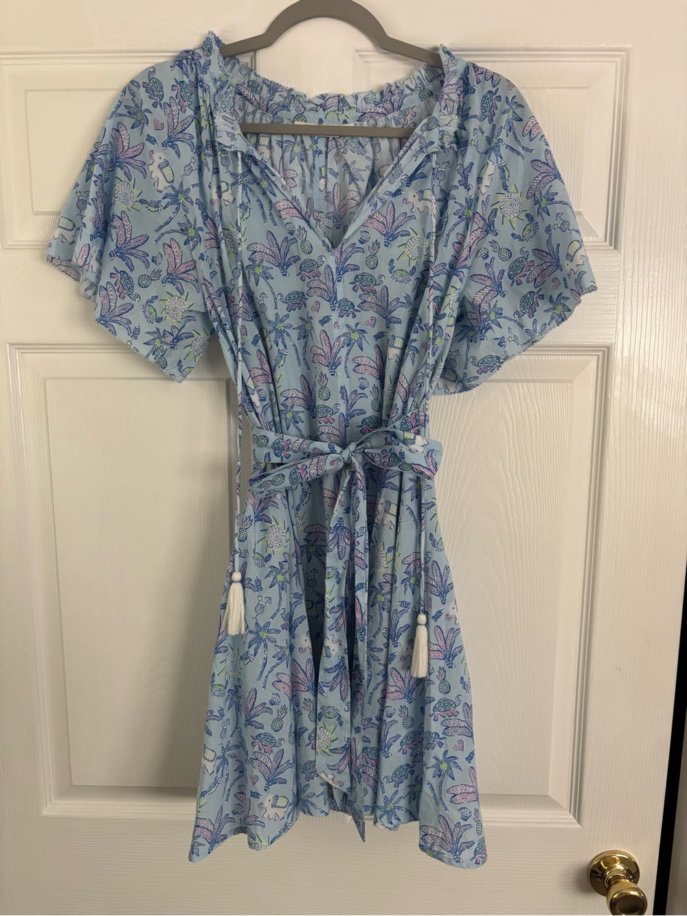 Roller Rabbit Light Blue Floral Tie-Waist Mini Dress